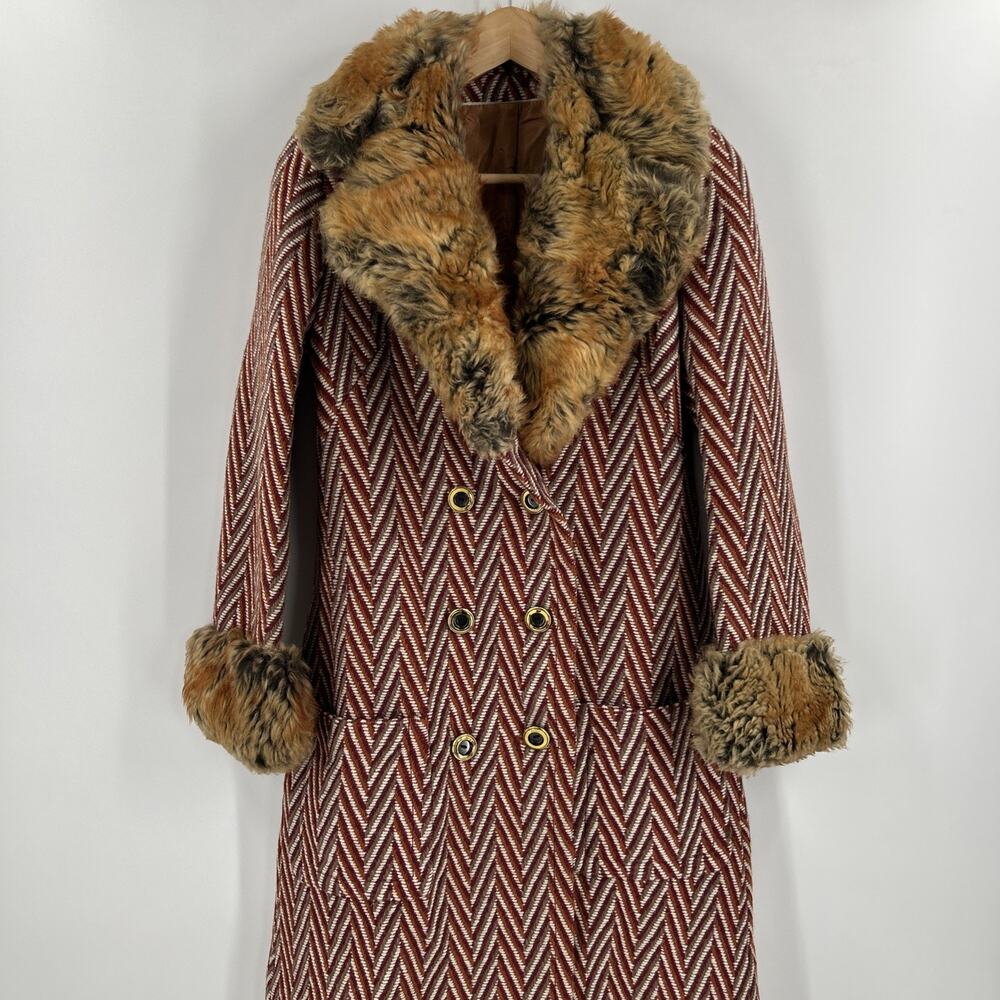 Vintage 1970s Hippie Coat Womens S/M Red Faux Fur Trim Floor Length Penny Lane